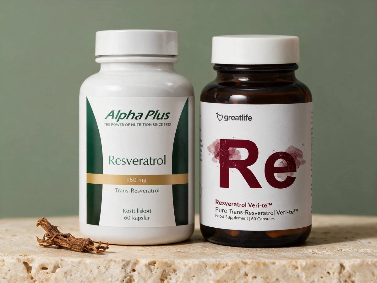 Alpha Plus Resveratrol i hvit boks med 150 mg og Greatlife Resveratrol Veri-te i brunt glass med 60 kapsler