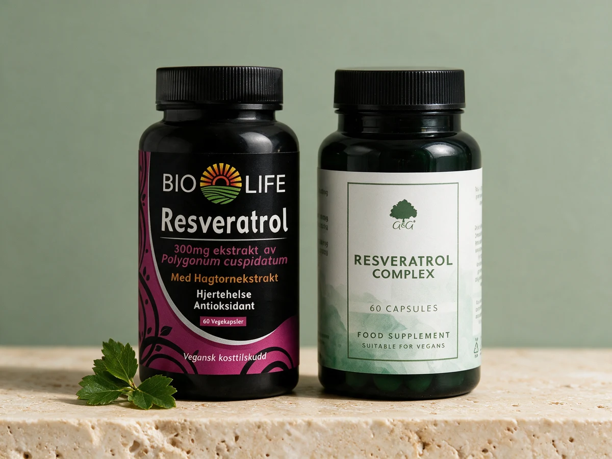 Bio Life Resveratrol i svart boks med hagtornblad og G&G Vitamins Resveratrol Complex i mørkegrønt glass