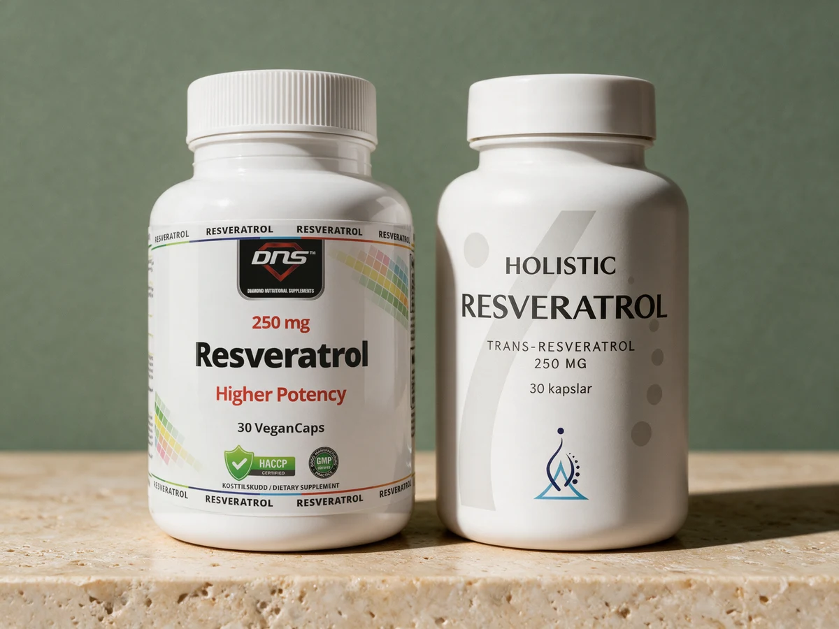 DNS Resveratrol Higher Potency og Holistic Resveratrol 250 mg, to hvite bokser med samme dose