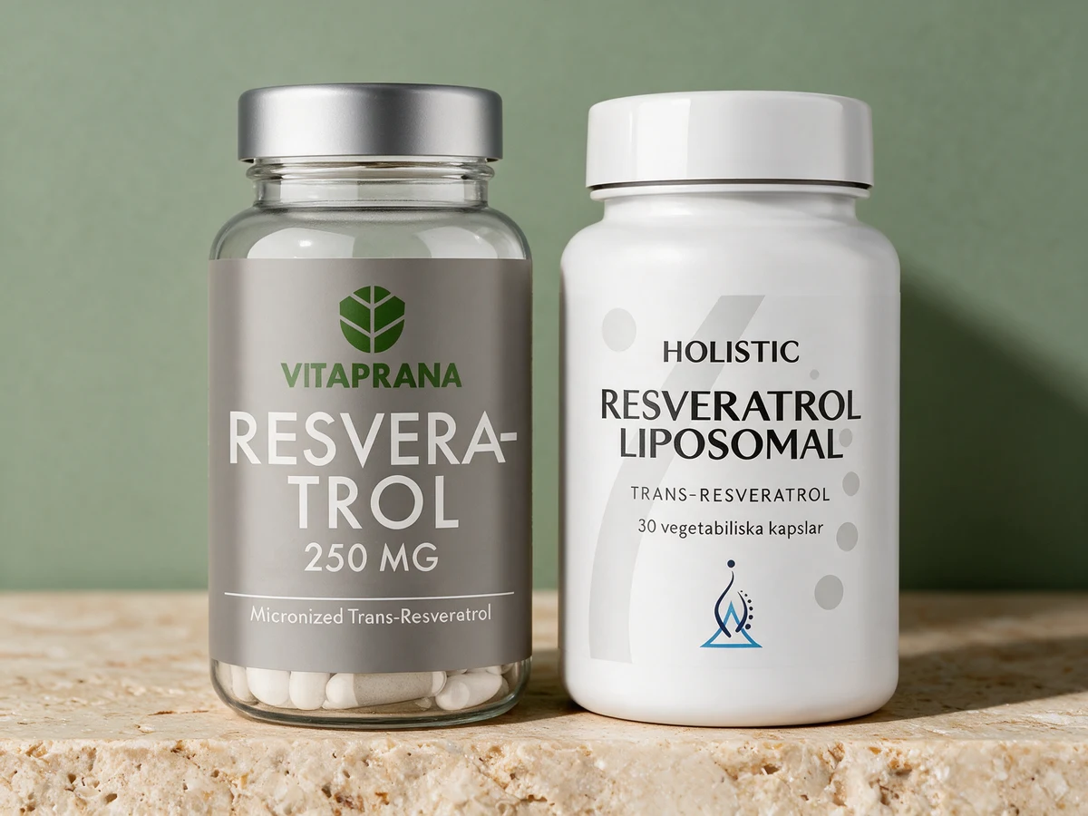 Vitaprana Resveratrol 250 mg i klart glass med grå etikett og Holistic Resveratrol Liposomal i hvit boks