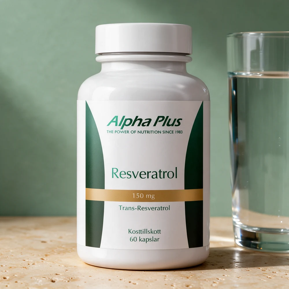 Alpha Plus Resveratrol, boks med 60 plantekapsler og 150 mg trans-resveratrol per kapsel