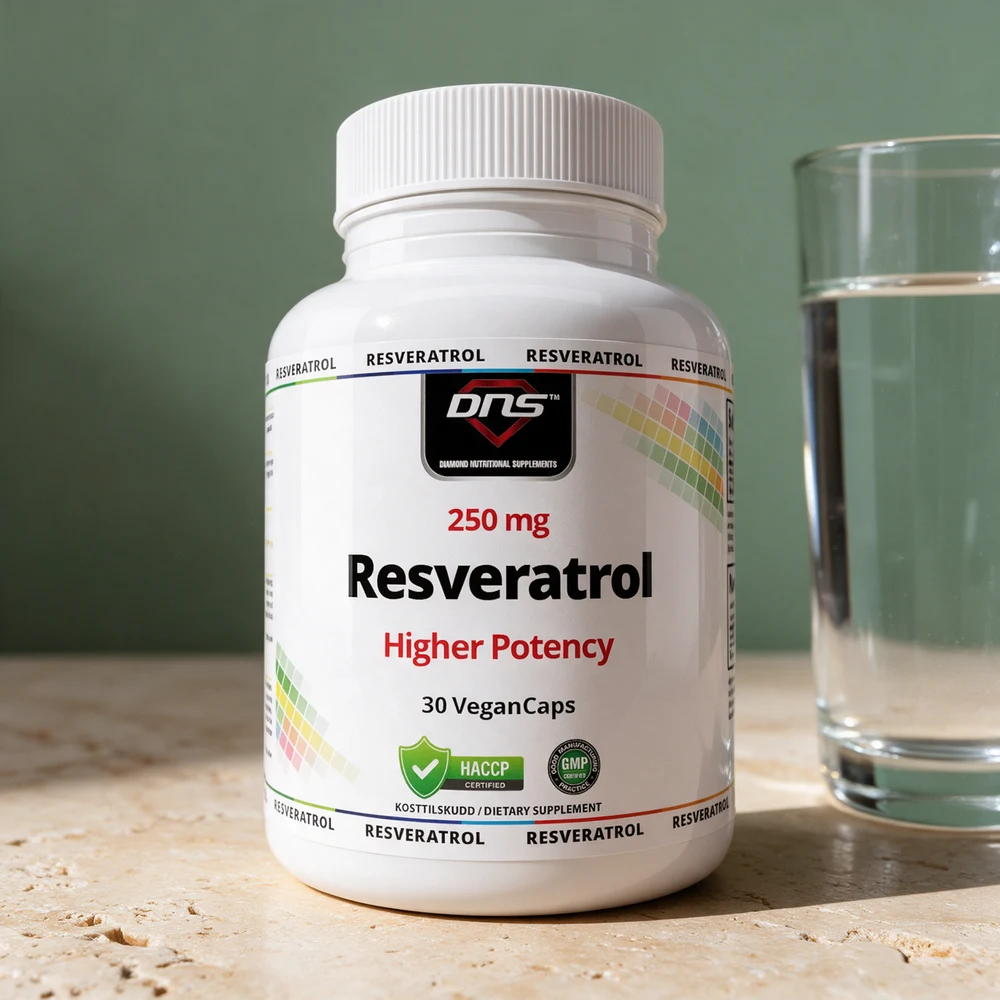 DNS Resveratrol Higher Potency, boks med 30 veganske kapsler