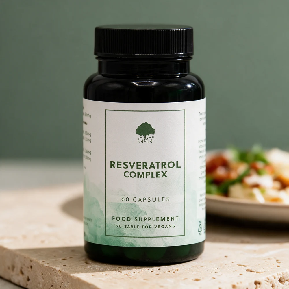 G&G Vitamins Resveratrol Complex, boks med 60 kapsler med resveratrol, EGCG, quercetin og Q10