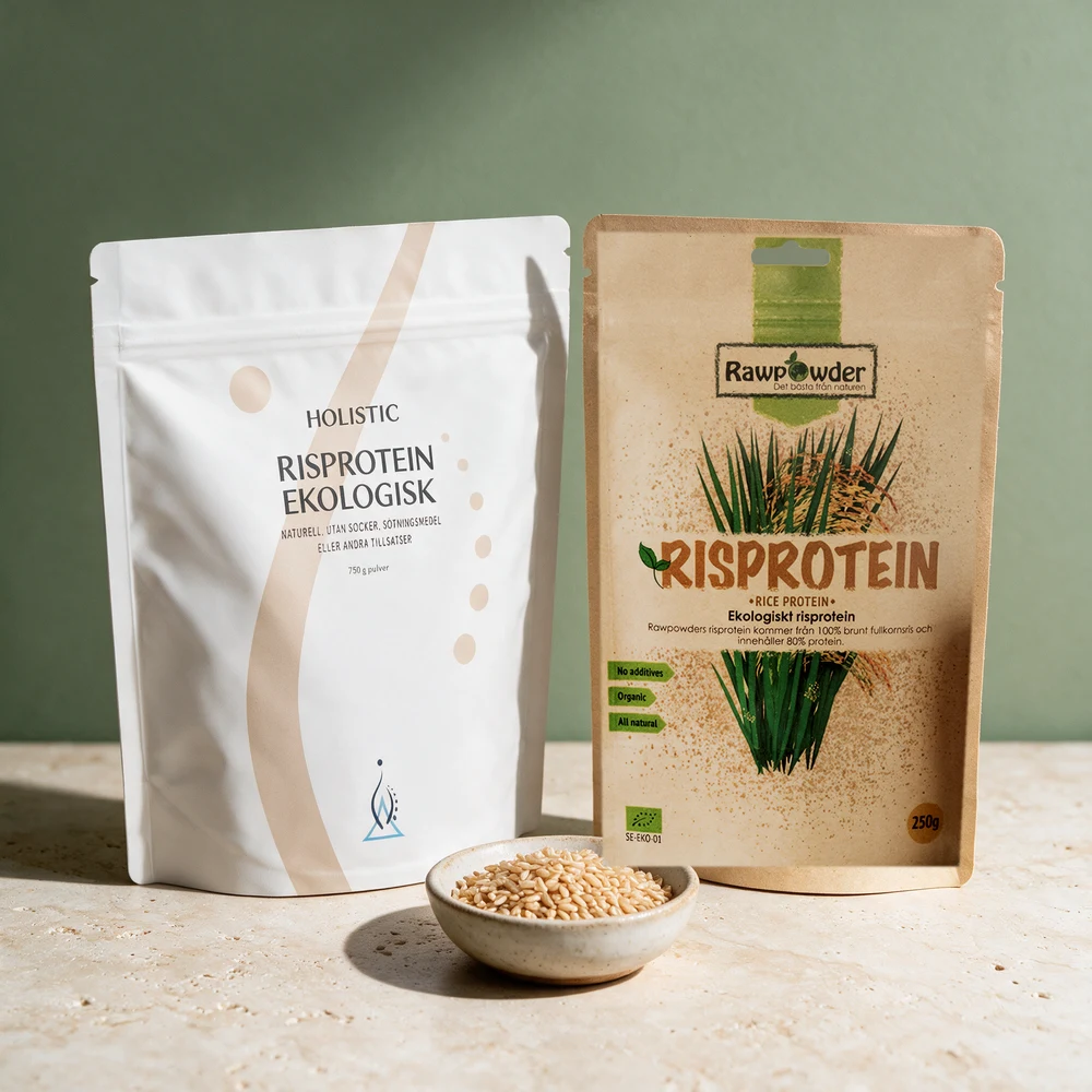 Holistic Risprotein Økologisk og Rawpowder Økologisk Risprotein med en skål brune riskorn