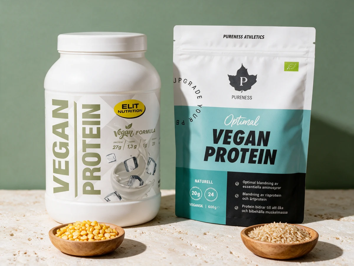 ELIT Vegan Protein og Pureness Athletics Optimal Eko Vegansk Protein Naturell med en skål tørkede erter og en skål riskorn