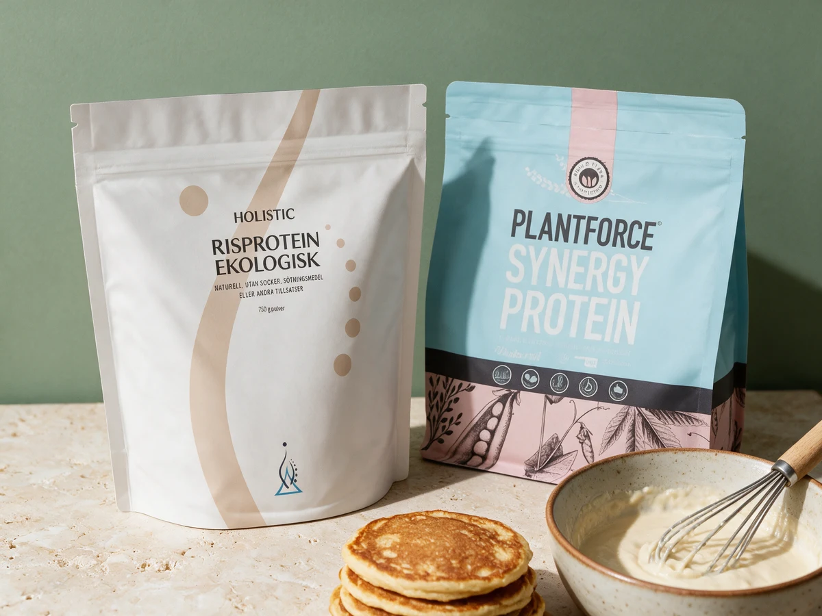 Holistic Risprotein Økologisk og Plantforce Synergy Protein Naturell med en stabel pannekaker og en bolle røre