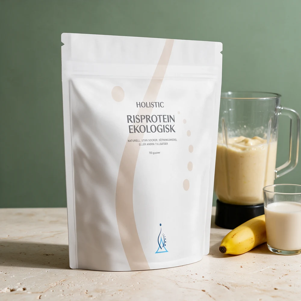 Holistic Risprotein Økologisk 750 g ved siden av en blender med banansmoothie