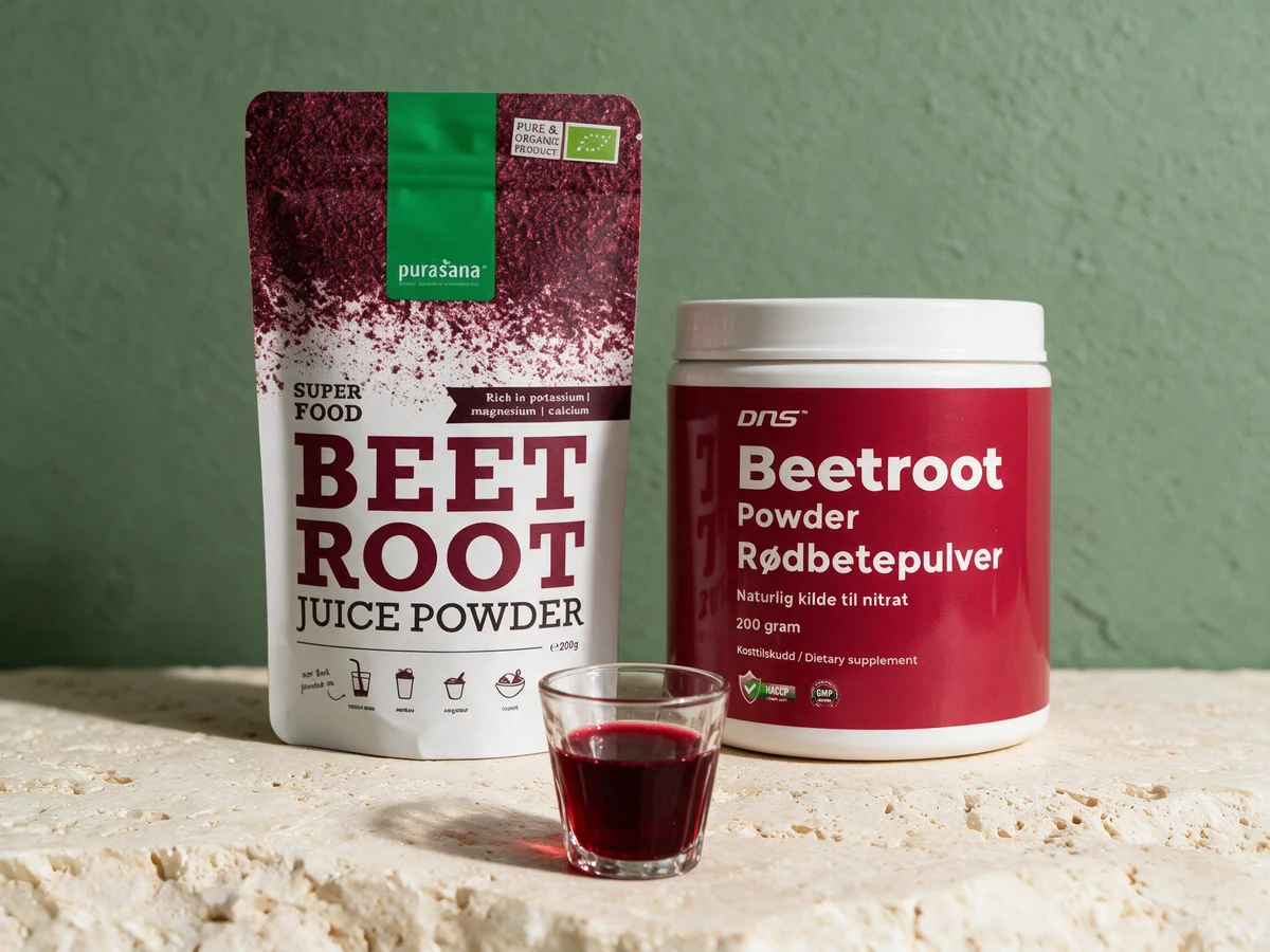 Purasana Rødbetejuice pulver og DNS Beetroot Powder, juicepulver i pose og finmalt pulver i boks