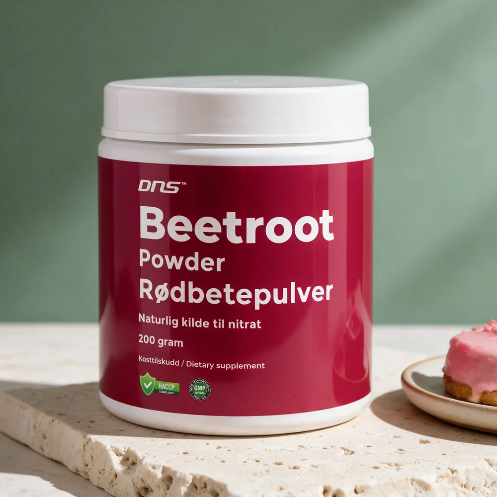DNS Beetroot Powder, boks med 200 gram finmalt rødbetepulver