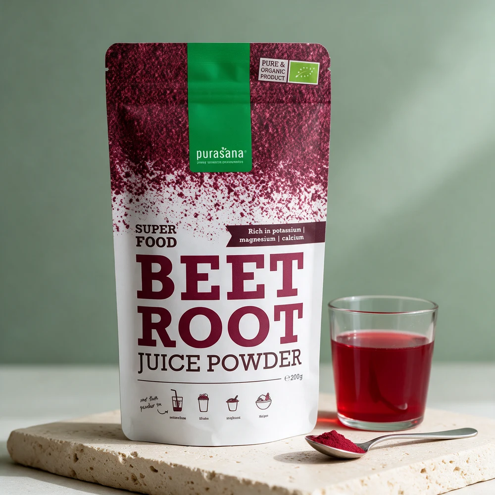 Purasana Beet Root Juice Powder, pose på 200 gram med økologisk rødbetepulver
