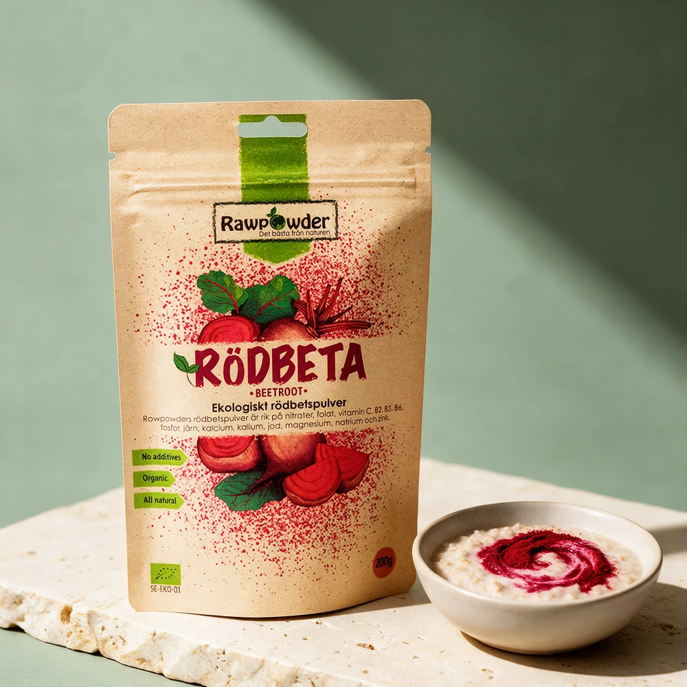 Rawpowder Økologisk Rødbetpulver, pose på 200 gram med økologisk rødbetepulver