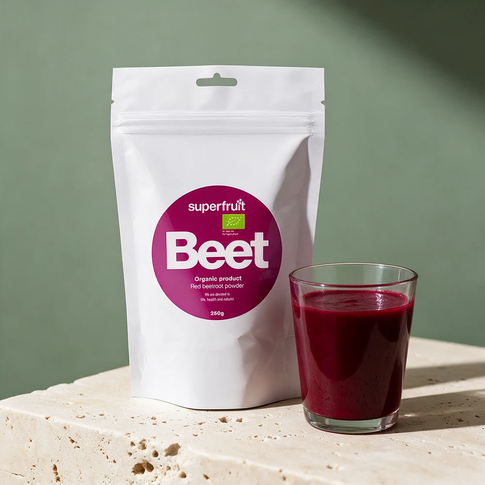 Superfruit Rødbetepulver ØKO, pose på 250 gram med finmalt rødbetepulver