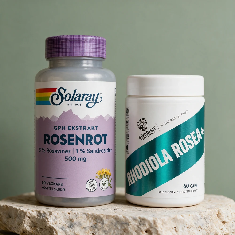Solaray GPH Rosenrot med 3 % rosaviner og 1 % salidrosider og Swedish Supplements Rhodiola Rosea+ med 1 % salidrosider