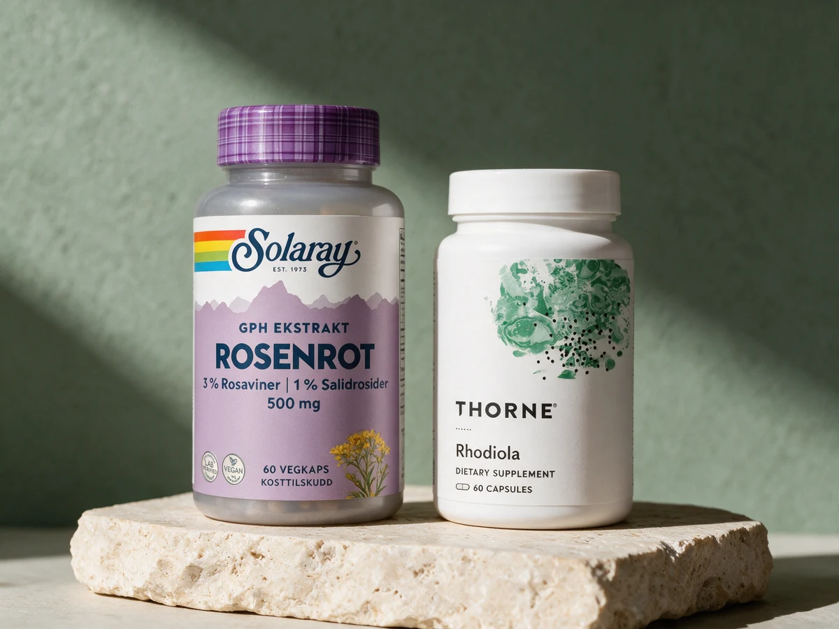 Solaray GPH Rosenrot med 500 mg ekstrakt og Thorne Rhodiola med 100 mg, begge med 3 % rosaviner