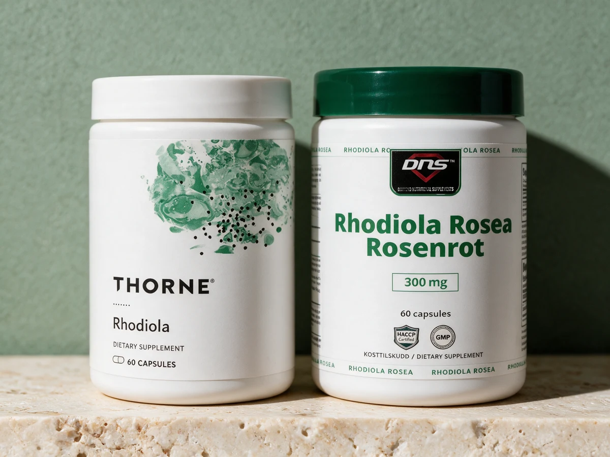 Thorne Rhodiola og DNS Rhodiola Rosea, to bokser med rosavin oppgitt og cellulose som fyll