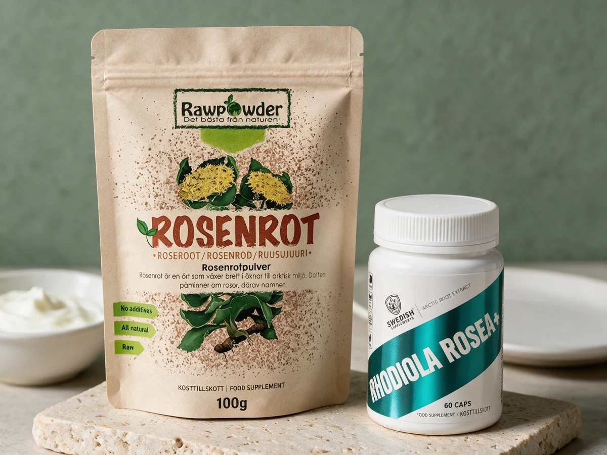 Rawpowder Rosenrotpulver i pose og Swedish Supplements Rhodiola Rosea+ i kapselboks
