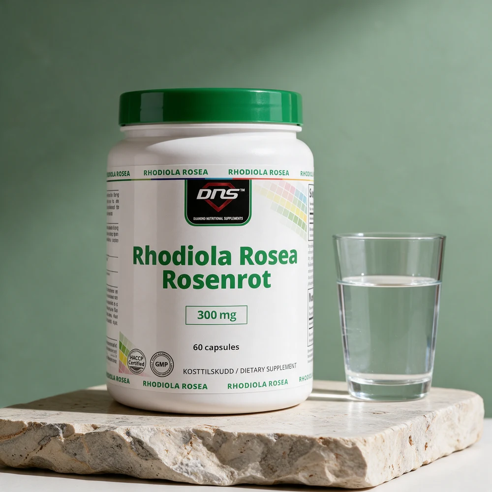 DNS Rhodiola Rosea Rosenrot 300 mg, hvit boks med grønt lokk, 60 kapsler