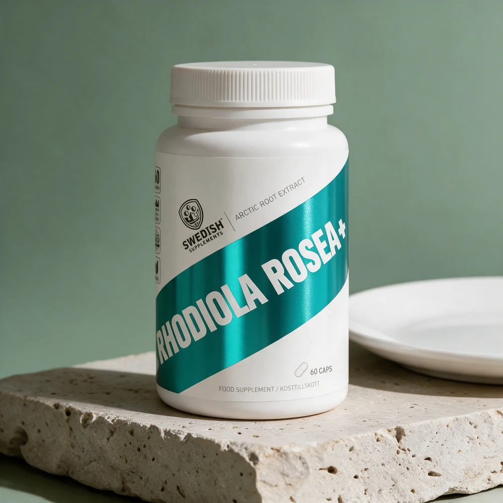 Swedish Supplements Rhodiola Rosea+, hvit boks med turkis bånd, 60 kapsler