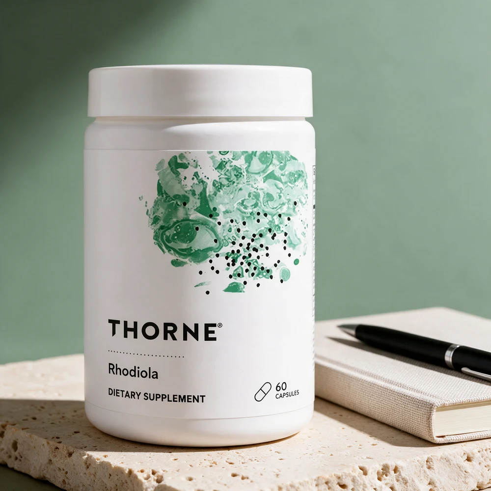 Thorne Rhodiola, hvit boks med grønt motiv, 60 kapsler