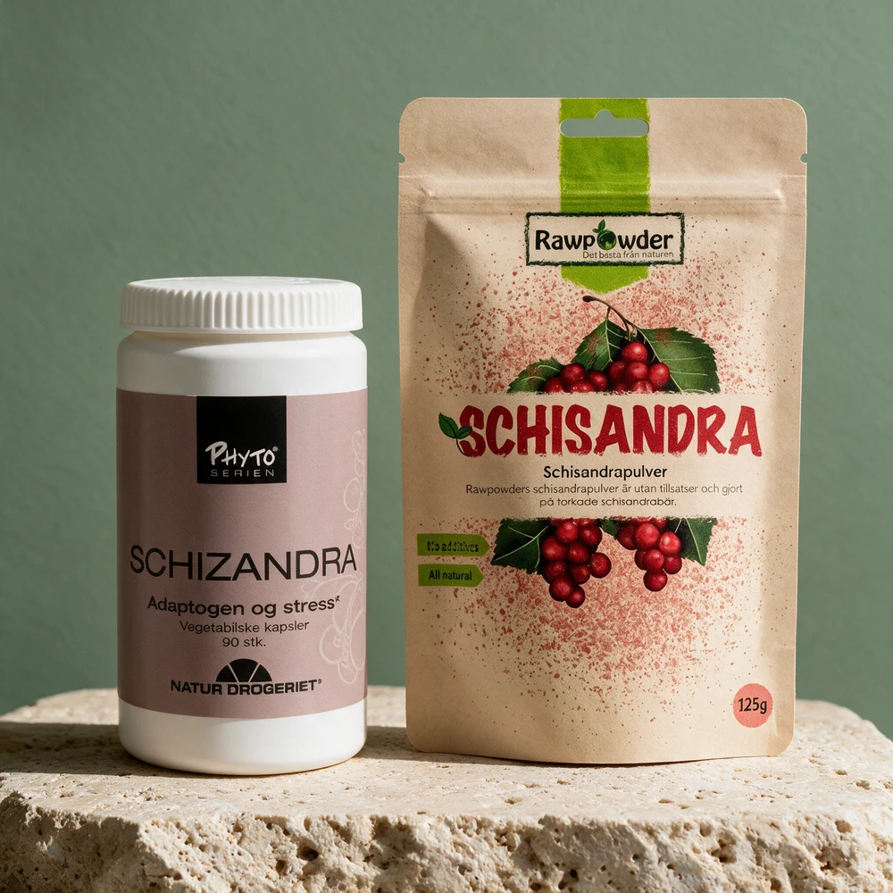 Natur-Drogeriet Schizandra i hvit boks med gammelrosa etikett og Rawpowder Schisandrapulver i papirpose med røde bær