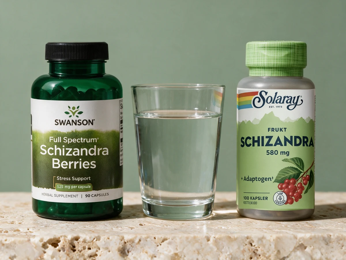 Swanson Schizandra Berries i grønn boks og Solaray Schizandra 580 mg med grønt lokk, to bokser med malte bær i kapsel