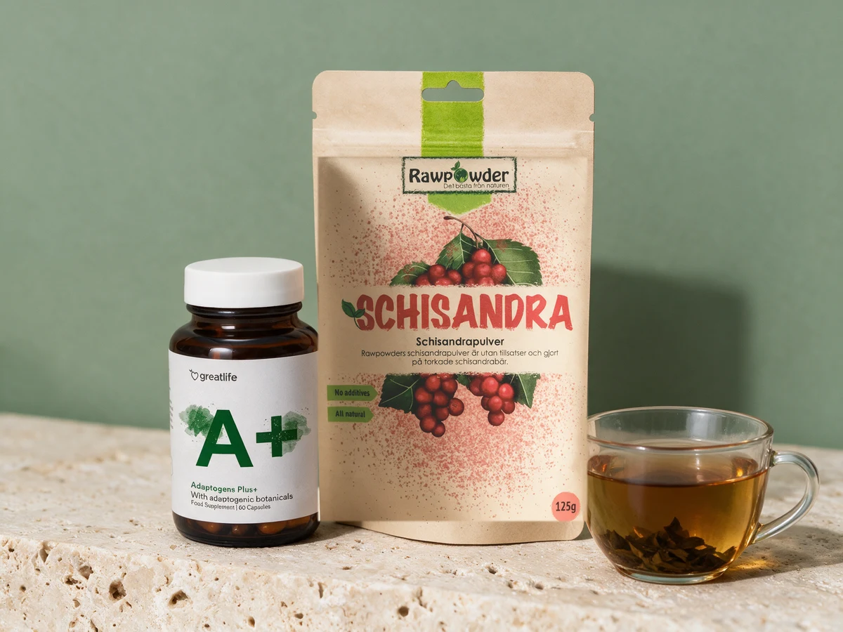 Greatlife Adaptogens Plus+ i mørk glasskrukke og Rawpowder Schisandrapulver i papirpose