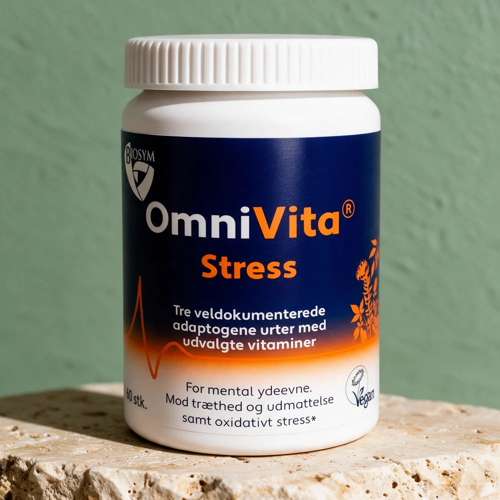 Biosym OmniVita Stress, hvit boks med mørkeblå og oransje etikett, merket vegansk og 60 stk.