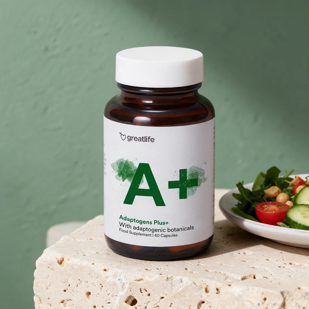 Greatlife Adaptogens Plus+, brun glasskrukke med grønn «A+» på etiketten og 60 Capsules