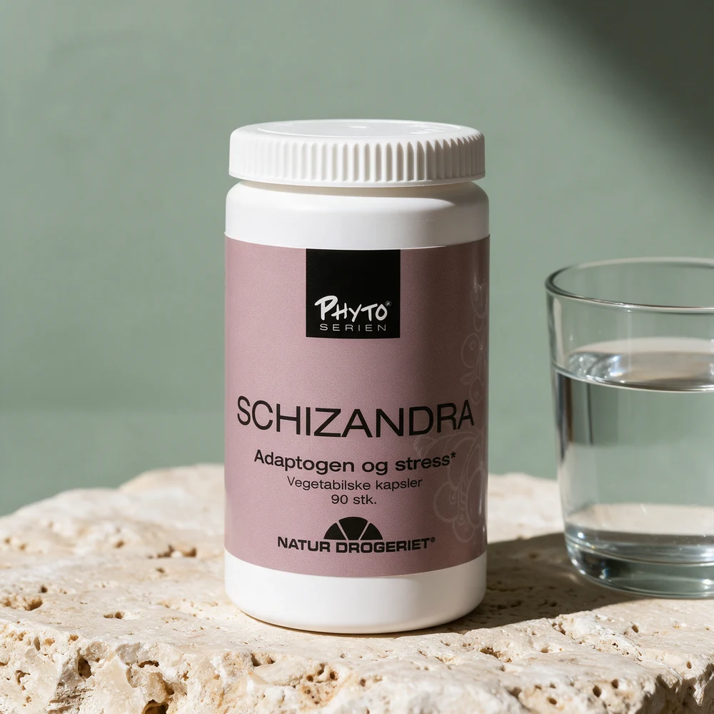 Natur-Drogeriet Schizandra fra Phyto-serien, hvit boks med gammelrosa etikett og 90 kapsler