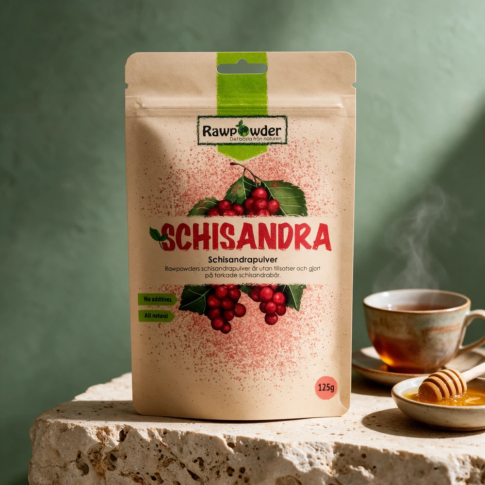 Rawpowder Schisandra Schisandrapulver, papirpose med tegnede røde bær og 125 g