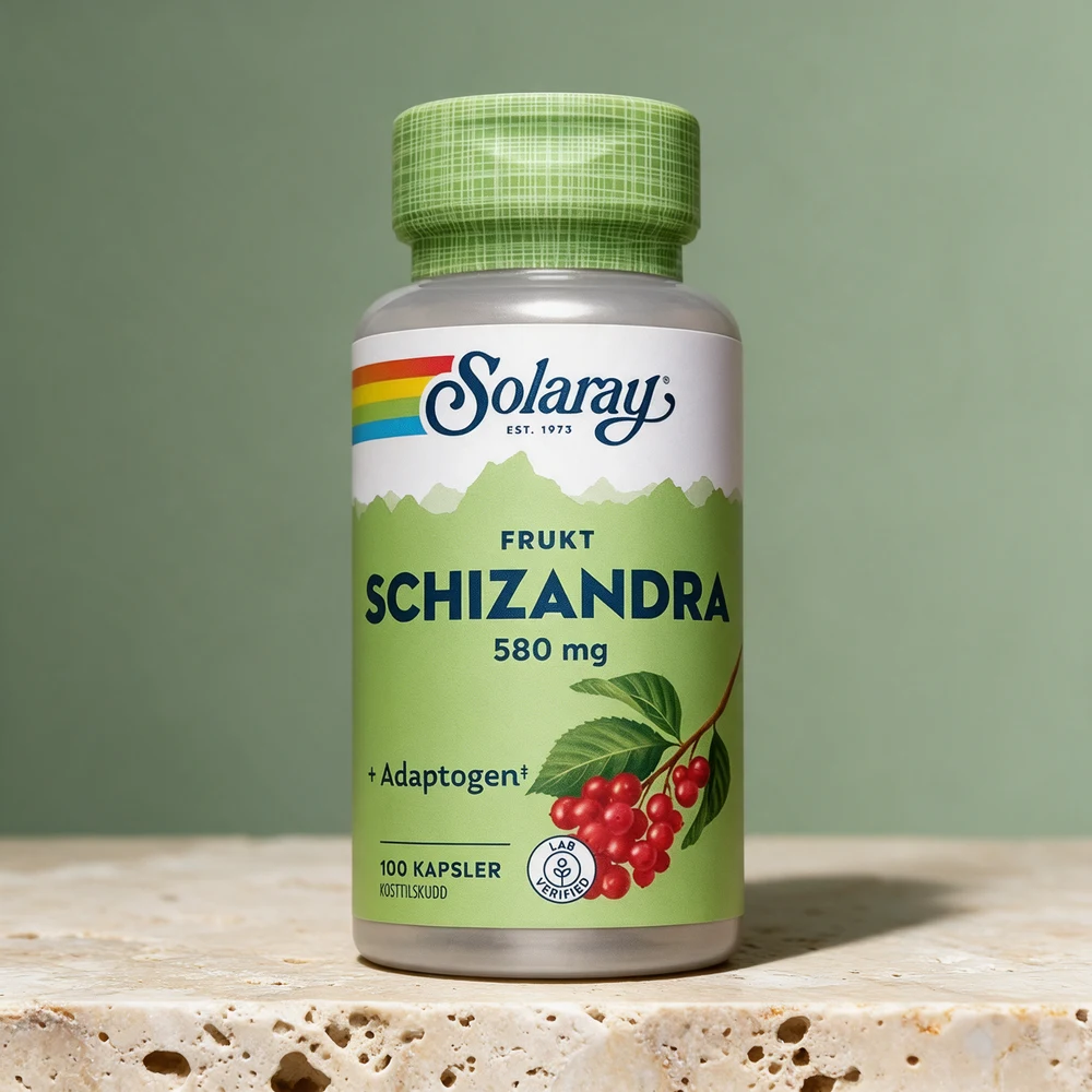 Solaray Frukt Schizandra 580 mg, boks med grønt rutete lokk, røde bær på etiketten og 100 kapsler