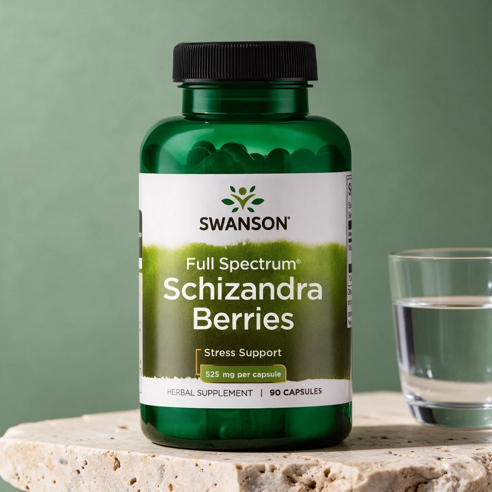 Swanson Full Spectrum Schizandra Berries, grønn boks med svart lokk, 525 mg per capsule og 90 capsules