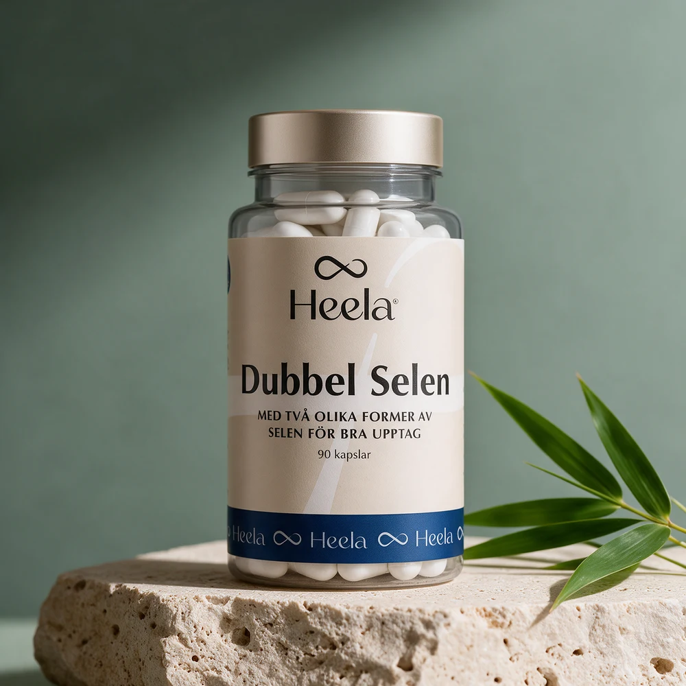 Heela Dubbel Selen, klar boks med hvite kapsler à 100 µg selen
