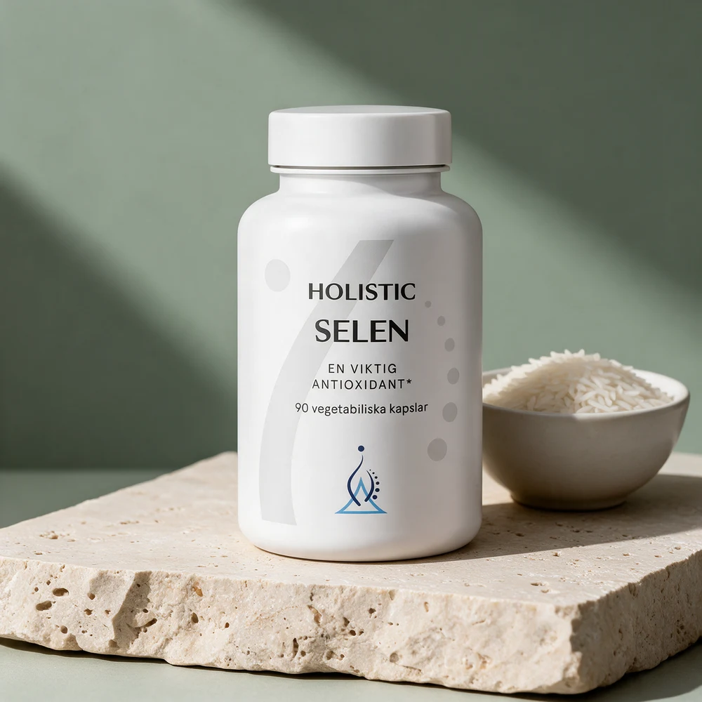 Holistic Selen, kapsler med 200 µg selen og en skål ris, som fyllet er laget av