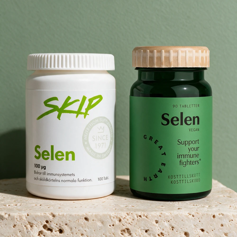 Skip Selen og Great Earth Selen, to bokser med tabletter à 100 µg selen