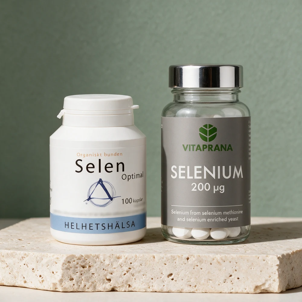 Helhetshälsa Selen Optimal og Vitaprana Selenium, to bokser med kapsler à 100 og 200 µg selen