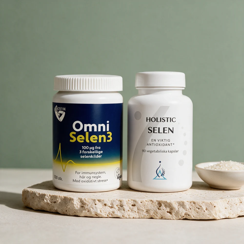 BioSym Omni Selen3 og Holistic Selen, med en skål ris som fyllet i Holistic-kapselen