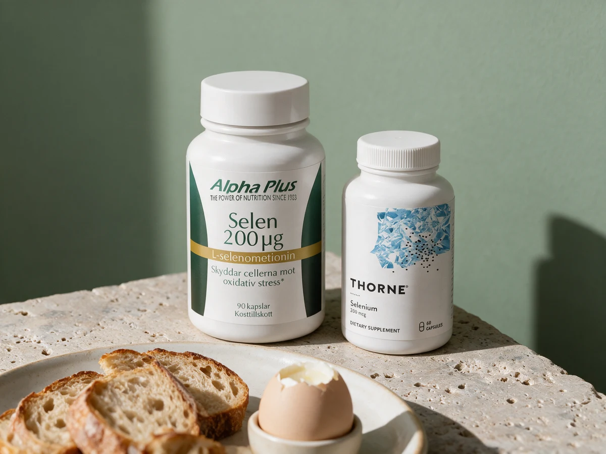 Alpha Plus Selen og Thorne Selenomethionine, to kapselbokser med 200 µg selenometionin, foran brød og et kokt egg