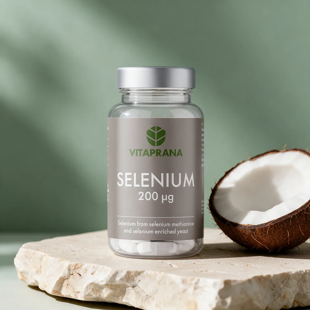 Vitaprana Selenium, klar boks med kapsler à 200 µg selen fra gjær og selenometionin