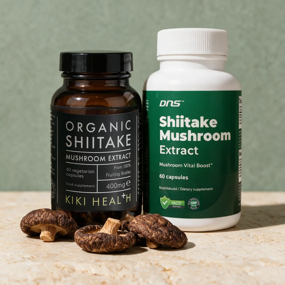 Kiki Health Organic Shiitake Mushroom Extract og DNS Shiitake Mushroom Extract, to ekstrakter i kapsel