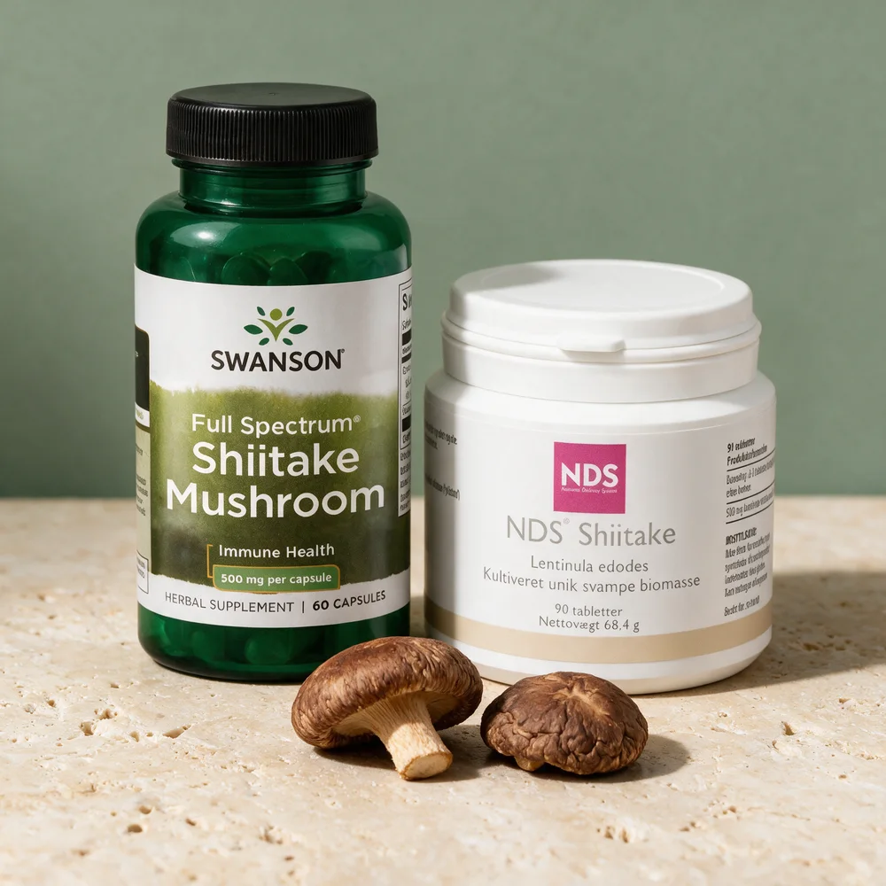 Swanson Full Spectrum Shiitake Mushroom i kapsler og NDS Shiitake i tabletter, begge hel sopp uten uttrekk