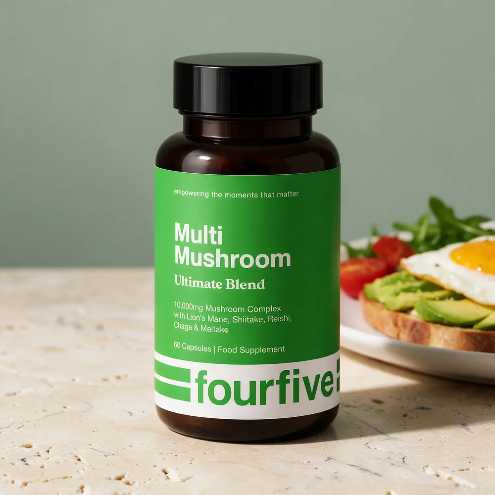 fourfive Multi Mushroom i brun boks, Ultimate Blend med fem sopper og 60 kapsler