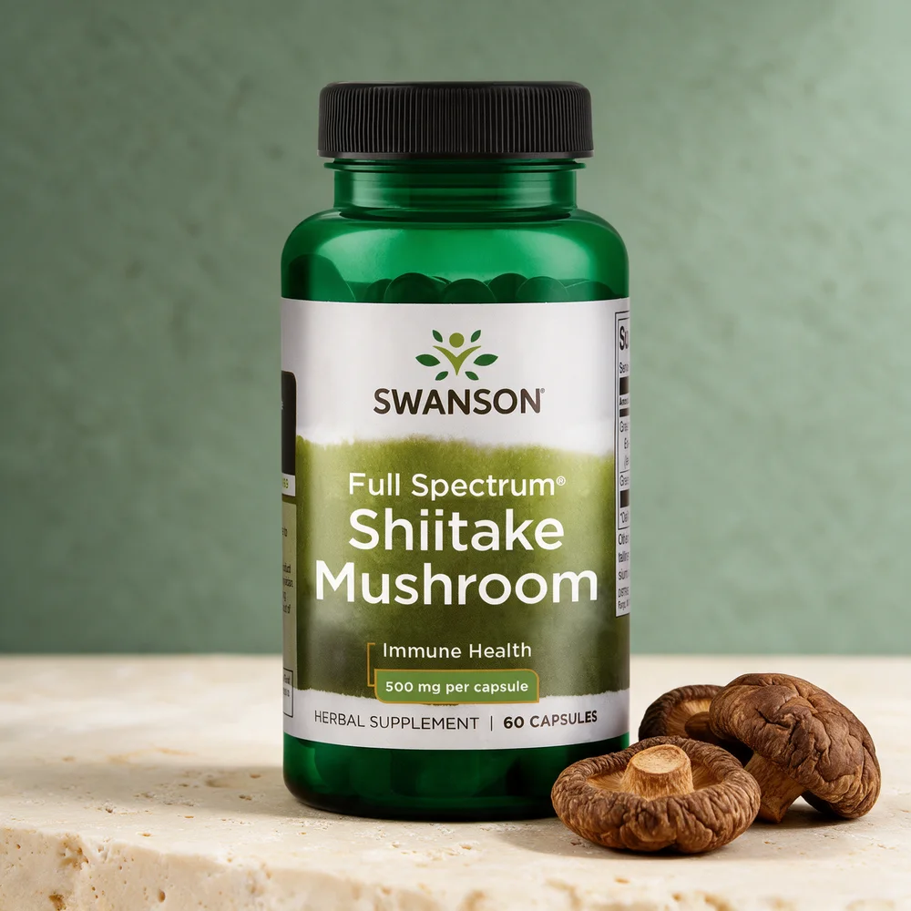 Swanson Full Spectrum Shiitake Mushroom i grønn boks med svart lokk, 500 mg per kapsel, 60 kapsler