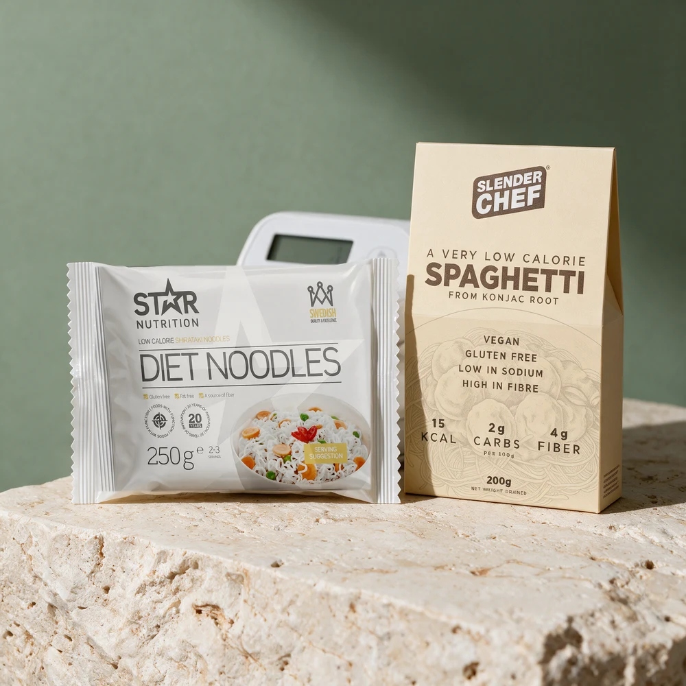 Star Nutrition Diet Noodles 250 g og Slender Chef Spaghetti 200 g avrent – testens to øverste regnet på samme nudelvekt