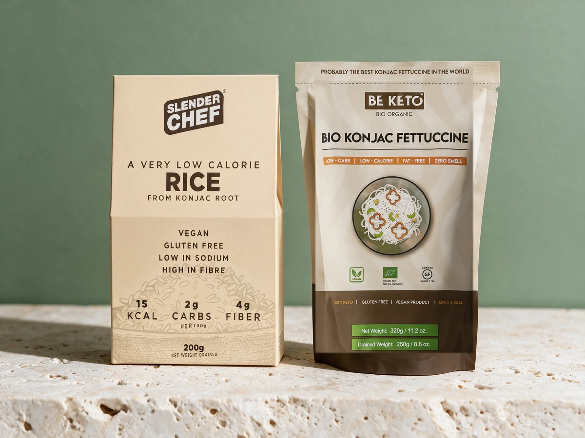 Slender Chef Rice 200 g og BeKeto Bio Konjac Fettuccine 320 g – konjak formet som korn og som brede bånd