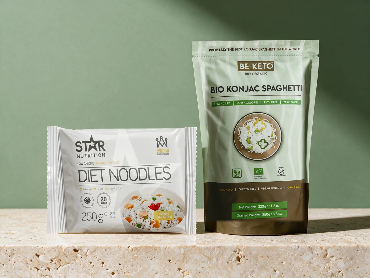 Star Nutrition Diet Noodles 250 g og BeKeto Bio Konjac Spaghetti med 320 g netto og 250 g avrent vekt