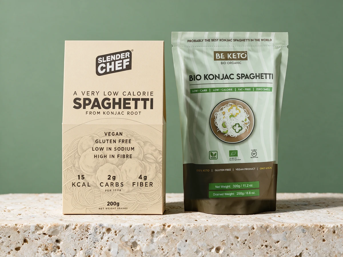 Slender Chef Spaghetti merket 15 kcal per 100 g og BeKeto Bio Konjac Spaghetti merket økologisk