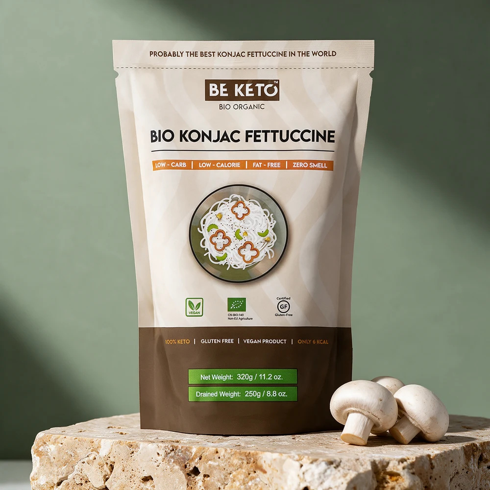 BeKeto Bio Konjac Fettuccine, 320 g netto og 250 g avrent vekt, merket økologisk