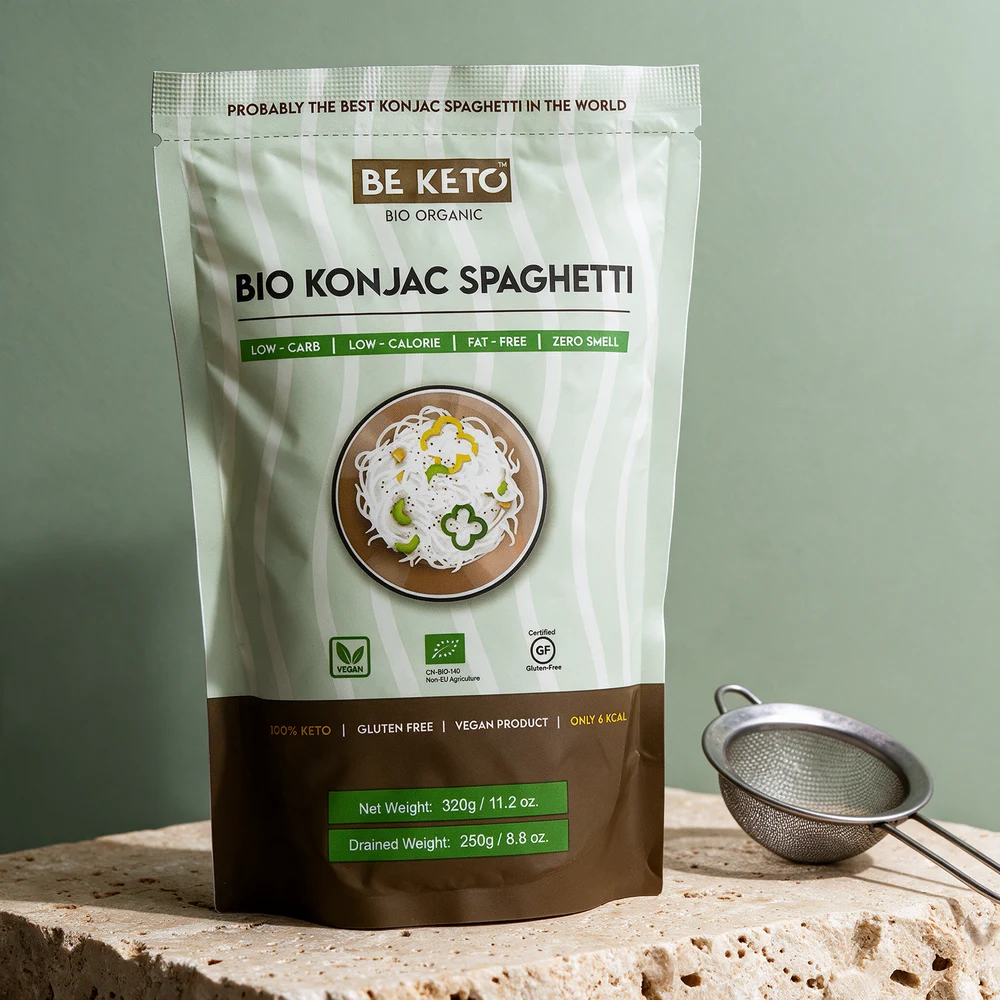 BeKeto Bio Konjac Spaghetti, 320 g netto og 250 g avrent vekt, merket økologisk
