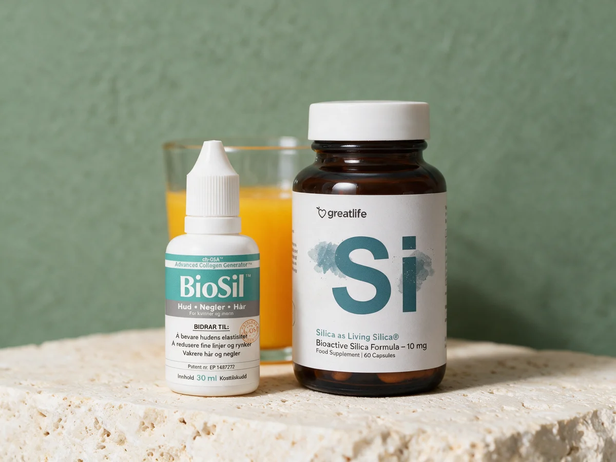 BioSil dråper og Greatlife Living Silica, to stabiliserte former med 10 mg silisium om dagen